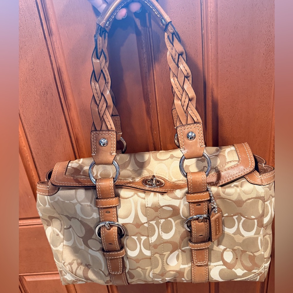 Coach Signature Canvas Shoulder Bag in Tan and Khaki